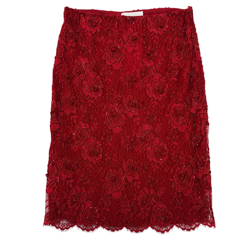 Badgley Mischka Skirt Womens 6 Red Lace Silk Lined Floral Beaded‎ Sequin Formal